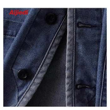 Jachetă denim lavată pentru bărbați, fără guler, croială liberă, stil japonez retro, din bumbac