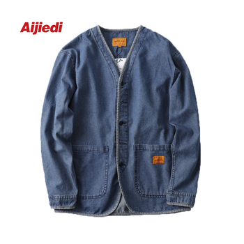 Jachetă denim lavată pentru bărbați, fără guler, croială liberă, stil japonez retro, din bumbac