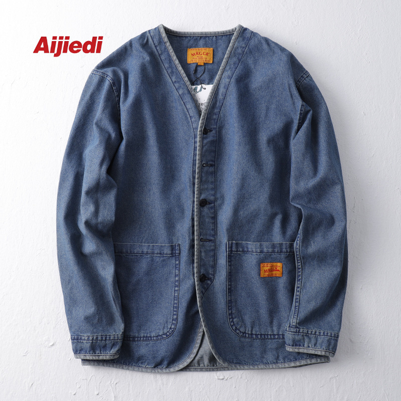 Jachetă denim lavată pentru bărbați, fără guler, croială liberă, stil japonez retro, din bumbac