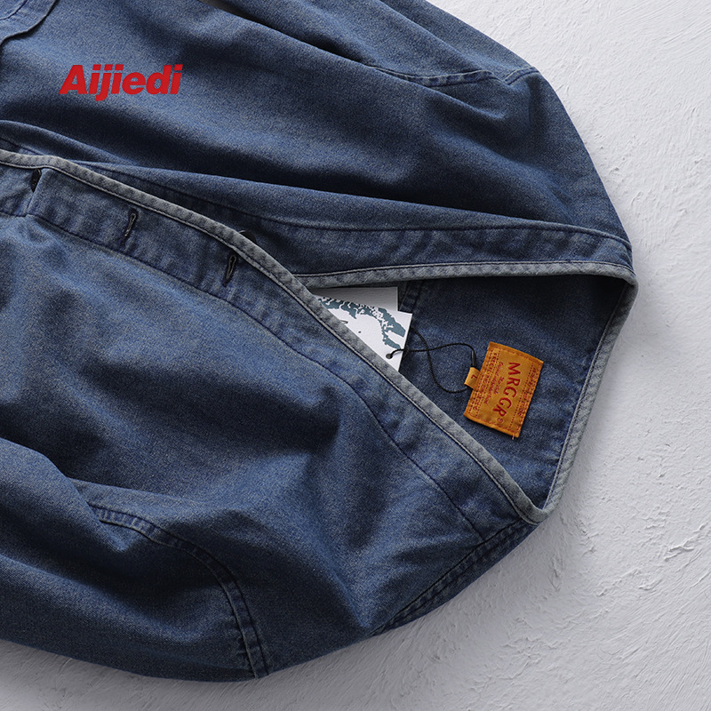 Jachetă denim lavată pentru bărbați, fără guler, croială liberă, stil japonez retro, din bumbac