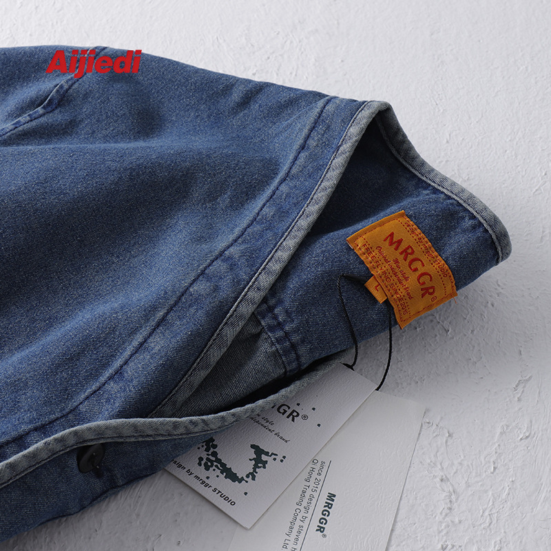 Jachetă denim lavată pentru bărbați, fără guler, croială liberă, stil japonez retro, din bumbac