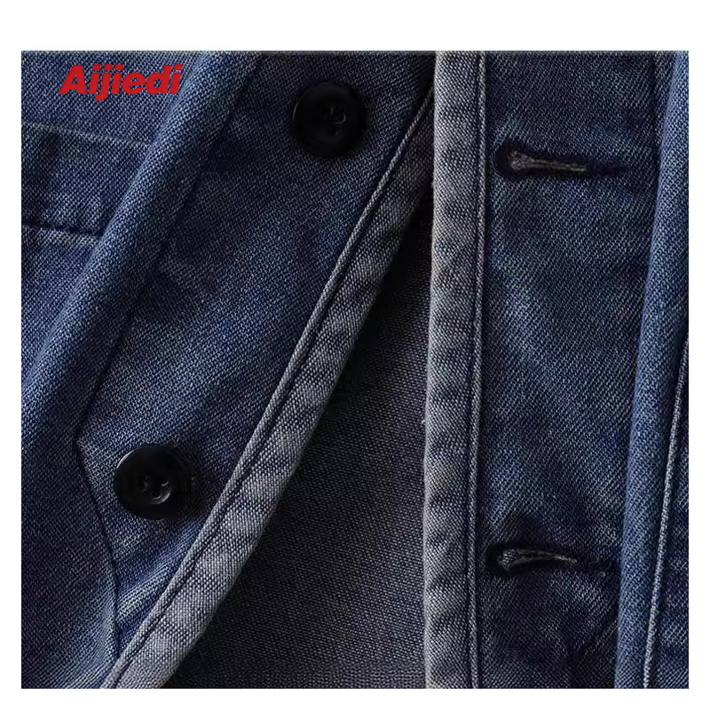 Jachetă denim lavată pentru bărbați, fără guler, croială liberă, stil japonez retro, din bumbac