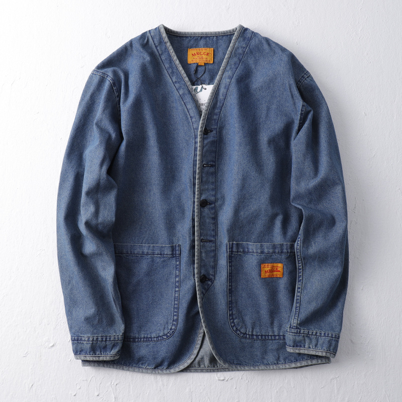 Jachetă denim lavată pentru bărbați, fără guler, croială liberă, stil japonez retro, din bumbac