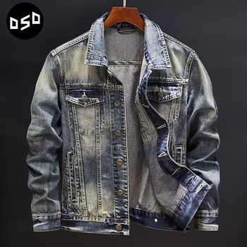 Jachetă denim ruptă pentru bărbați, croială lejeră, stil streetwear, broderie cu cap de tigru