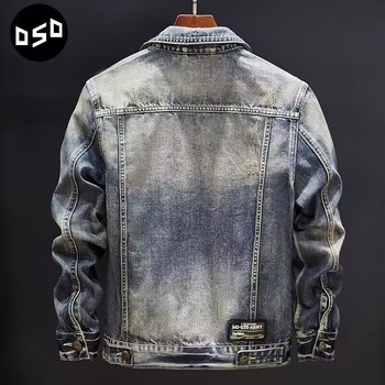 Jachetă denim ruptă pentru bărbați, croială lejeră, stil streetwear, broderie cu cap de tigru