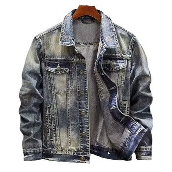 Jachetă denim ruptă pentru bărbați, croială lejeră, stil streetwear, broderie cu cap de tigru