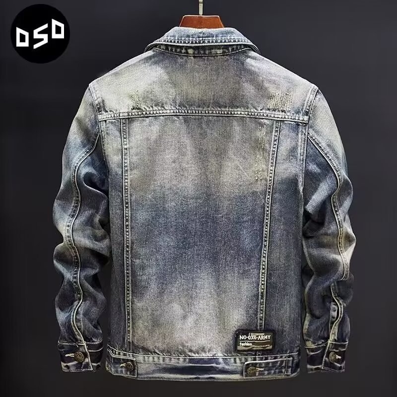 Jachetă denim ruptă pentru bărbați, croială lejeră, stil streetwear, broderie cu cap de tigru