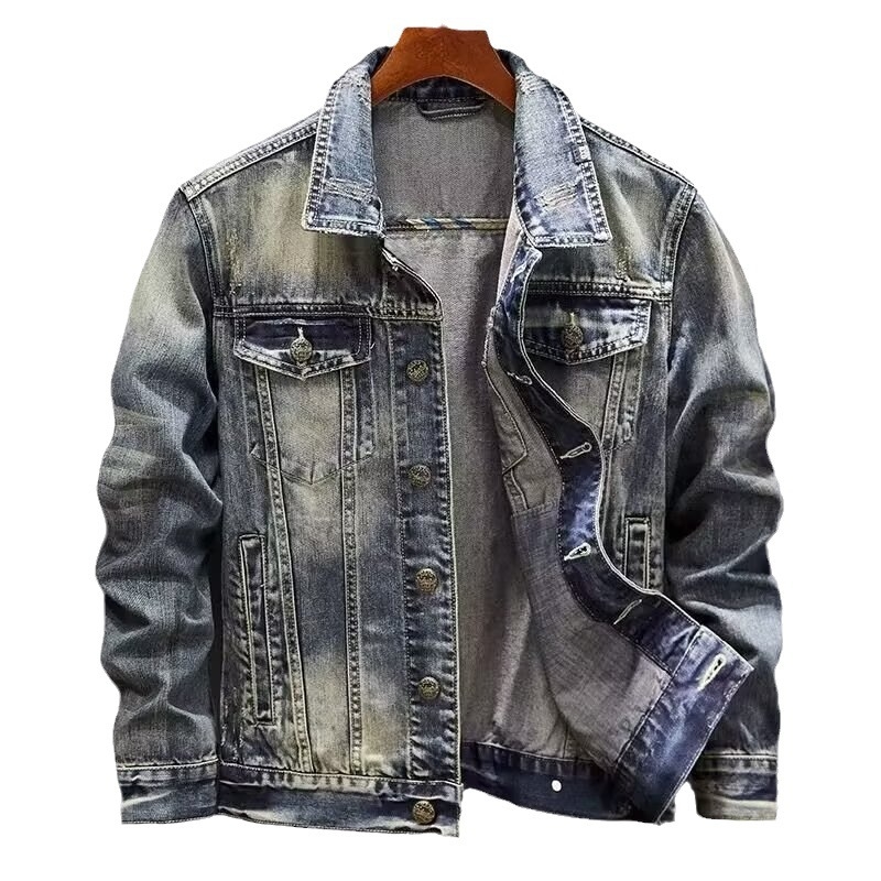 Jachetă denim ruptă pentru bărbați, croială lejeră, stil streetwear, broderie cu cap de tigru