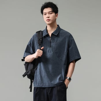 Polo de lucru în stil japonez pentru bărbați, mânecă scurtă, fermoar parțial, uscare rapidă, croială lejeră
