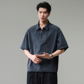 Polo de lucru în stil japonez pentru bărbați, mânecă scurtă, fermoar parțial, uscare rapidă, croială lejeră