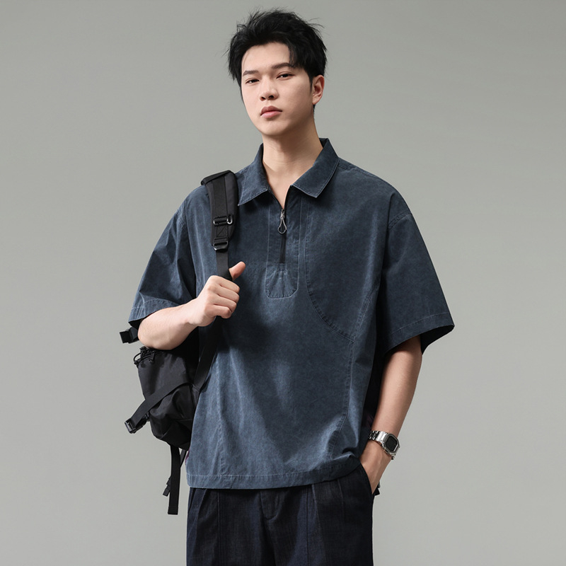 Polo de lucru în stil japonez pentru bărbați, mânecă scurtă, fermoar parțial, uscare rapidă, croială lejeră