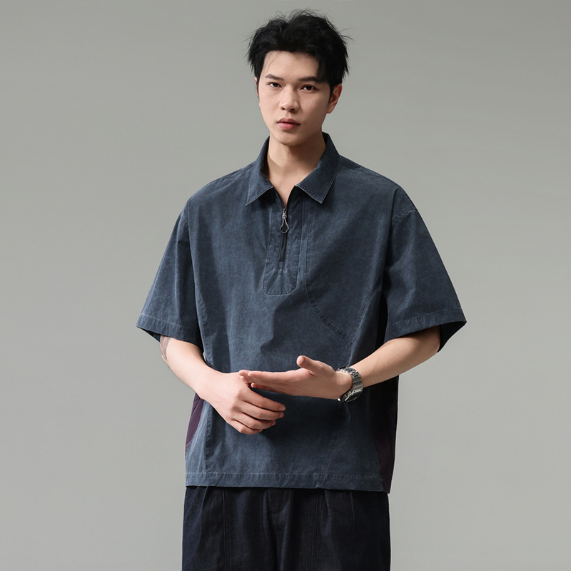 Polo de lucru în stil japonez pentru bărbați, mânecă scurtă, fermoar parțial, uscare rapidă, croială lejeră