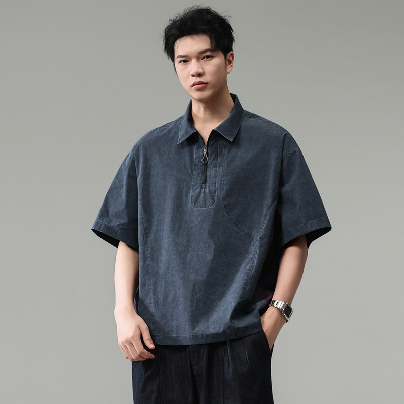 Polo de lucru în stil japonez pentru bărbați, mânecă scurtă, fermoar parțial, uscare rapidă, croială lejeră