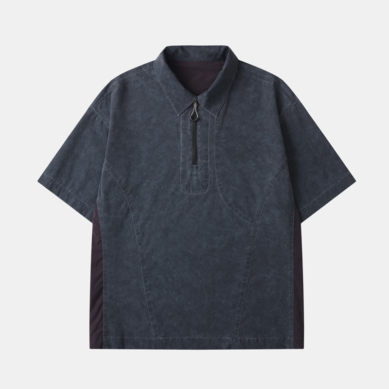 Polo de lucru în stil japonez pentru bărbați, mânecă scurtă, fermoar parțial, uscare rapidă, croială lejeră