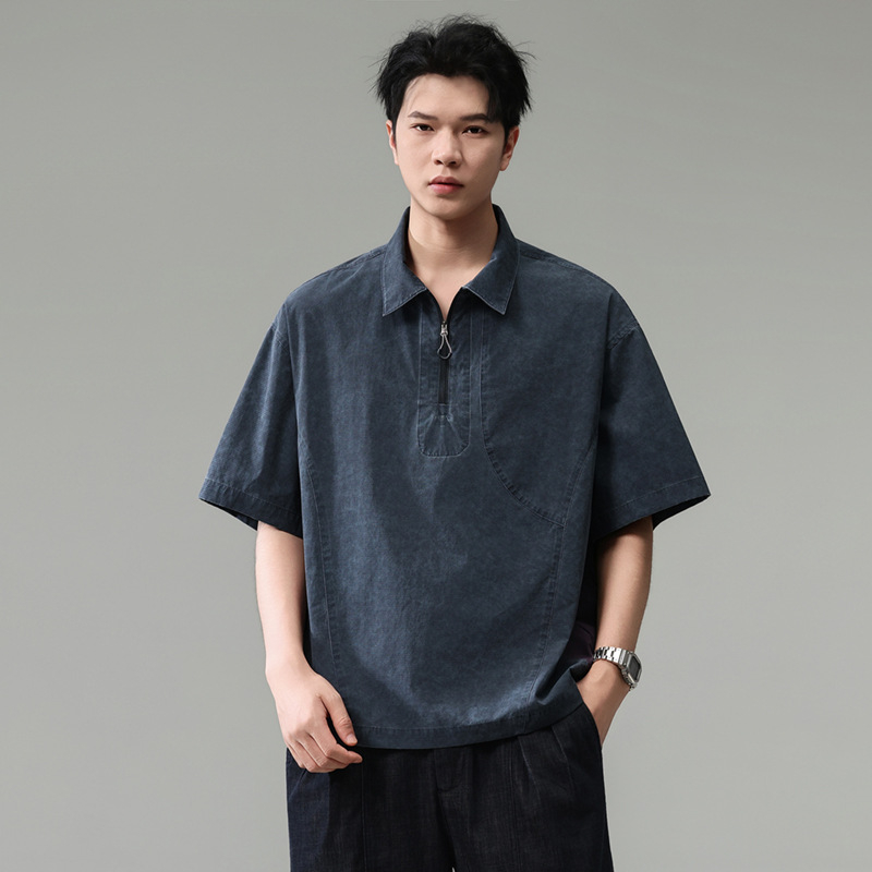 Polo de lucru în stil japonez pentru bărbați, mânecă scurtă, fermoar parțial, uscare rapidă, croială lejeră