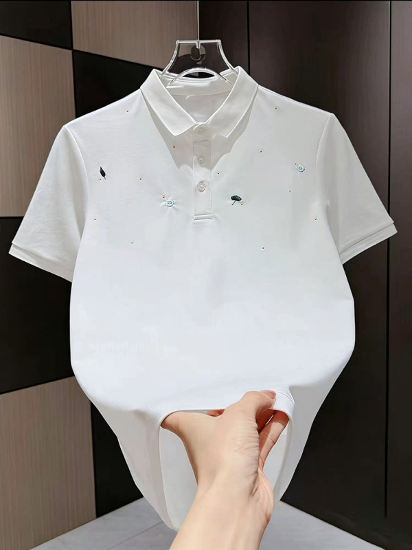 Polo negru pentru bărbați cu broderie florală, mâneci scurte, guler clasic, croială slim, bumbac piqué, vară 2026