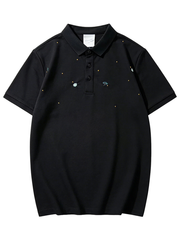 Polo negru pentru bărbați cu broderie florală, mâneci scurte, guler clasic, croială slim, bumbac piqué, vară 2026