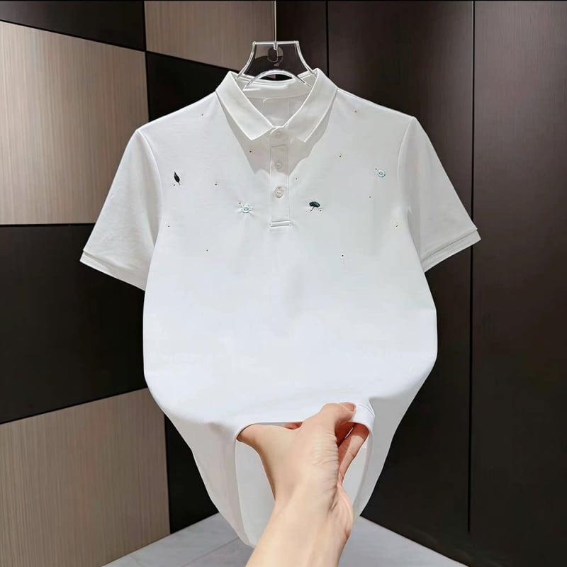 Polo negru pentru bărbați cu broderie florală, mâneci scurte, guler clasic, croială slim, bumbac piqué, vară 2026