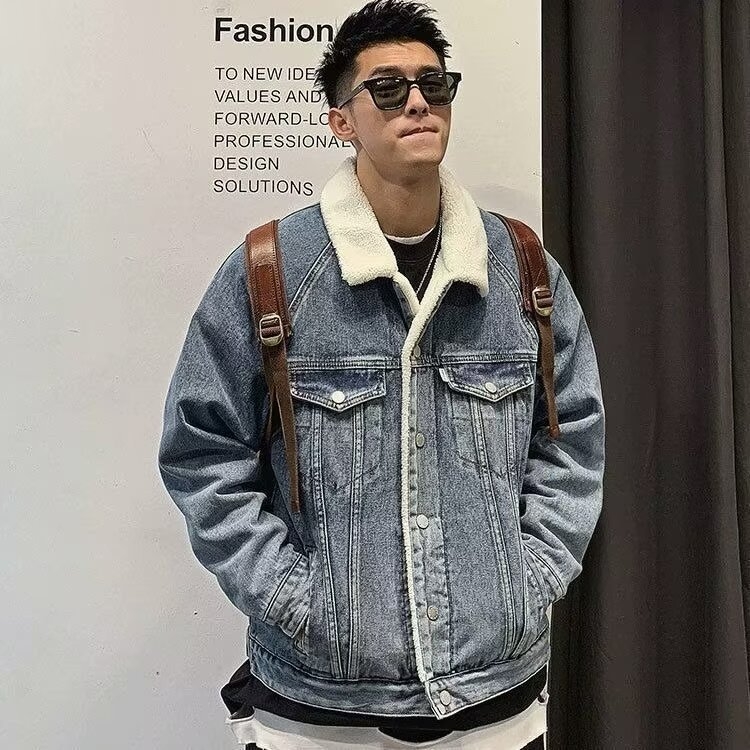 Geacă bărbătească din denim cu căptușeală din lână de miel, călduroasă și groasă pentru iarnă, în stil street american.