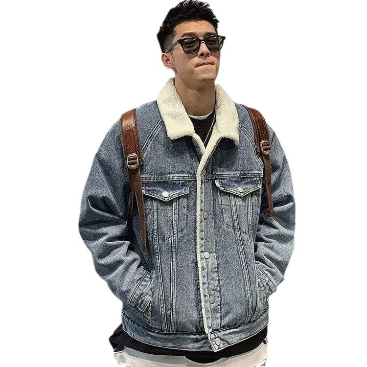 Geacă bărbătească din denim cu căptușeală din lână de miel, călduroasă și groasă pentru iarnă, în stil street american.