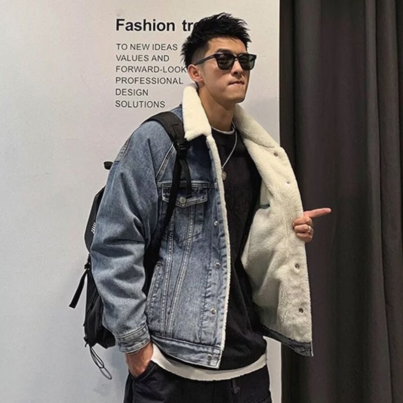 Geacă bărbătească din denim cu căptușeală din lână de miel, călduroasă și groasă pentru iarnă, în stil street american.
