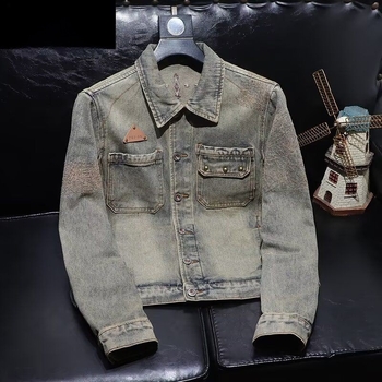 Jachetă de motocicletă din denim, stil american, pentru bărbați, croială vintage slim fit, haină de exterior casual spălată