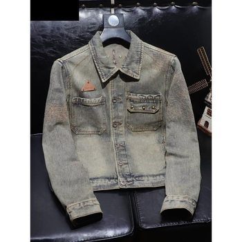 Jachetă de motocicletă din denim, stil american, pentru bărbați, croială vintage slim fit, haină de exterior casual spălată