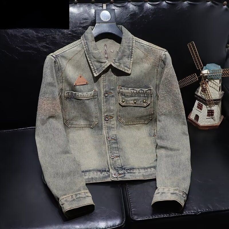 Jachetă de motocicletă din denim, stil american, pentru bărbați, croială vintage slim fit, haină de exterior casual spălată