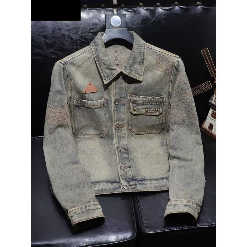 Jachetă de motocicletă din denim, stil american, pentru bărbați, croială vintage slim fit, haină de exterior casual spălată