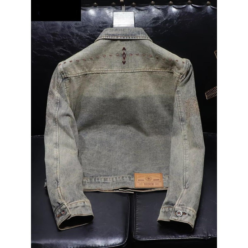 Jachetă de motocicletă din denim, stil american, pentru bărbați, croială vintage slim fit, haină de exterior casual spălată