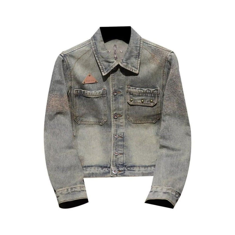 Jachetă de motocicletă din denim, stil american, pentru bărbați, croială vintage slim fit, haină de exterior casual spălată