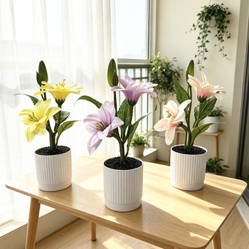 Nou stil: bazin cu nisip negru și dungi verticale fine, bonsai crin la ambele capete, aranjament cu flori artificiale pentru decor de nuntă, ornament de birou