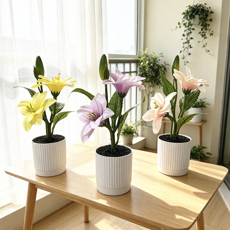 Nou stil: bazin cu nisip negru și dungi verticale fine, bonsai crin la ambele capete, aranjament cu flori artificiale pentru decor de nuntă, ornament de birou