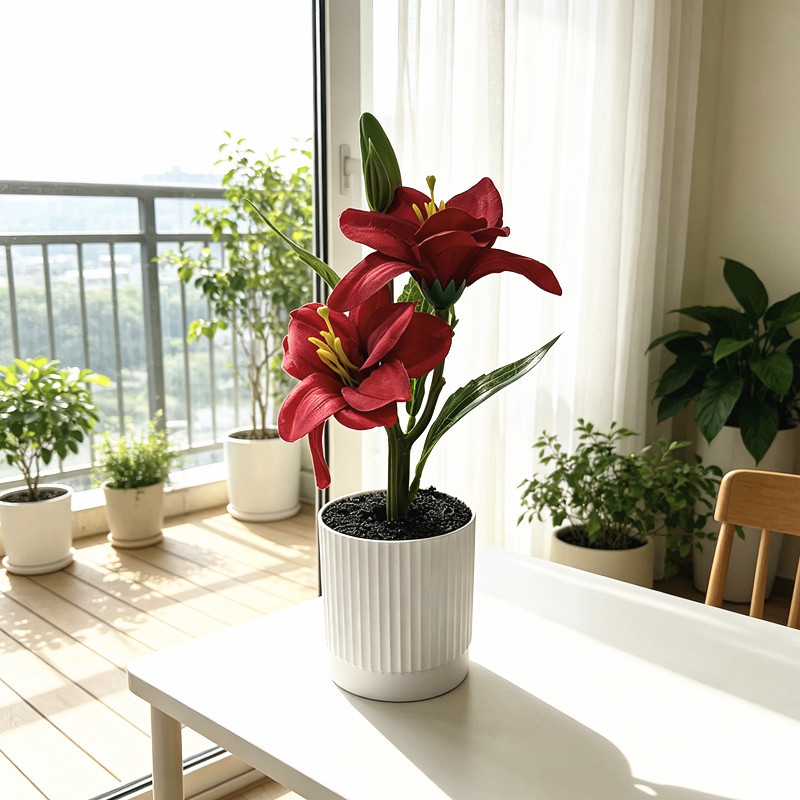 Nou stil: bazin cu nisip negru și dungi verticale fine, bonsai crin la ambele capete, aranjament cu flori artificiale pentru decor de nuntă, ornament de birou