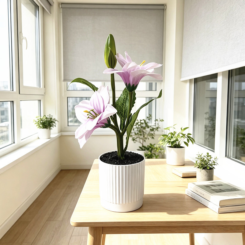 Nou stil: bazin cu nisip negru și dungi verticale fine, bonsai crin la ambele capete, aranjament cu flori artificiale pentru decor de nuntă, ornament de birou