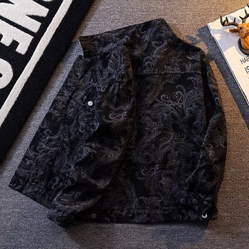 Geacă denim bărbătească, stil american, primăvară-toamnă, croială lejeră, bloc de culori, îmbrăcăminte de exterior