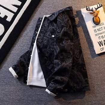 Geacă denim bărbătească, stil american, primăvară-toamnă, croială lejeră, bloc de culori, îmbrăcăminte de exterior