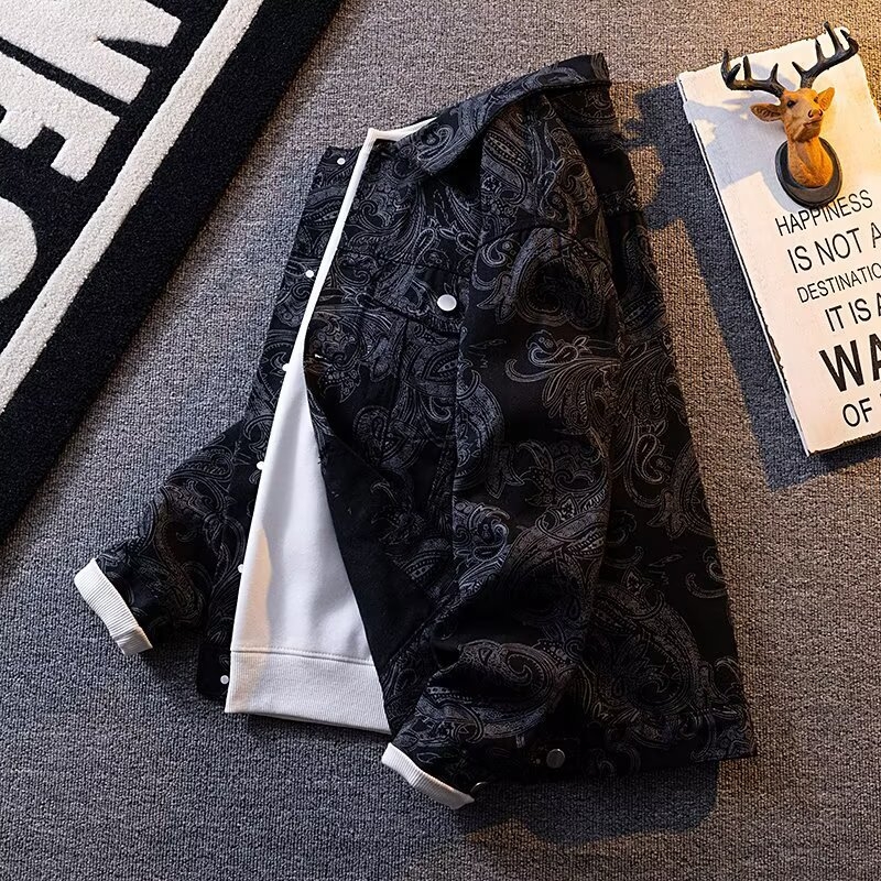Geacă denim bărbătească, stil american, primăvară-toamnă, croială lejeră, bloc de culori, îmbrăcăminte de exterior