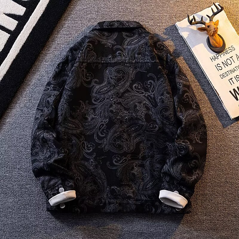 Geacă denim bărbătească, stil american, primăvară-toamnă, croială lejeră, bloc de culori, îmbrăcăminte de exterior