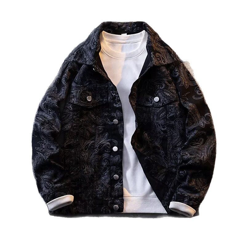 Geacă denim bărbătească, stil american, primăvară-toamnă, croială lejeră, bloc de culori, îmbrăcăminte de exterior