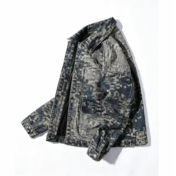 Jachetă denim cu imprimeu jacquard pe toată suprafața, stil american retro, pentru bărbați, primăvara 2026, croială lejeră, casual, cu rever