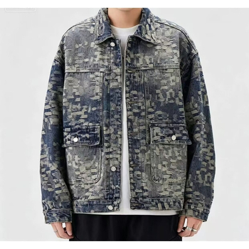 Jachetă denim cu imprimeu jacquard pe toată suprafața, stil american retro, pentru bărbați, primăvara 2026, croială lejeră, casual, cu rever