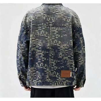 Jachetă denim cu imprimeu jacquard pe toată suprafața, stil american retro, pentru bărbați, primăvara 2026, croială lejeră, casual, cu rever