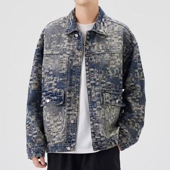 Jachetă denim cu imprimeu jacquard pe toată suprafața, stil american retro, pentru bărbați, primăvara 2026, croială lejeră, casual, cu rever