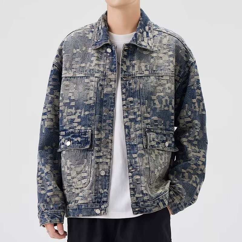 Jachetă denim cu imprimeu jacquard pe toată suprafața, stil american retro, pentru bărbați, primăvara 2026, croială lejeră, casual, cu rever