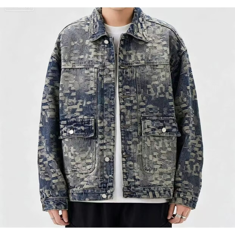 Jachetă denim cu imprimeu jacquard pe toată suprafața, stil american retro, pentru bărbați, primăvara 2026, croială lejeră, casual, cu rever