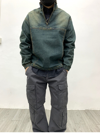 Jachetă de denim pentru bărbați, lavată și uzată, stil retro japonez, îmbrăcăminte de lucru pentru tineri, guler înalt, croială lejeră, fermoar frontal