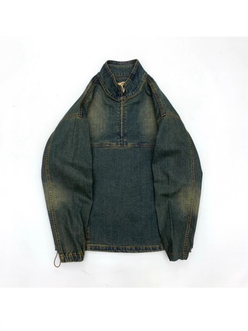 Jachetă de denim pentru bărbați, lavată și uzată, stil retro japonez, îmbrăcăminte de lucru pentru tineri, guler înalt, croială lejeră, fermoar frontal
