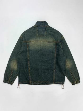 Jachetă de denim pentru bărbați, lavată și uzată, stil retro japonez, îmbrăcăminte de lucru pentru tineri, guler înalt, croială lejeră, fermoar frontal