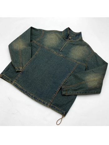 Jachetă de denim pentru bărbați, lavată și uzată, stil retro japonez, îmbrăcăminte de lucru pentru tineri, guler înalt, croială lejeră, fermoar frontal